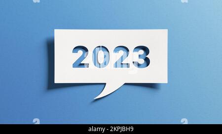 carte de vœux de bonne année 2023. Design minimaliste épuré avec papier découpé sur fond bleu. Bannière d'entreprise et d'entreprise. Sérénité, écologie, etc Banque D'Images