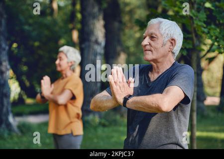 Couple actif plus âgé pratiquer la méditation avec les yeux fermés poser dans le parc d'été bras pliés fait mudra ou signe Namaste, faire l'exercice de yoga dehors, lui Banque D'Images