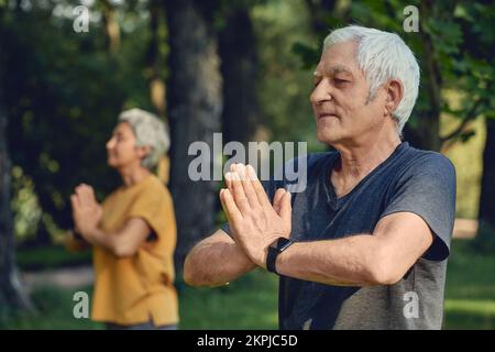 Couple actif plus âgé pratiquer la méditation avec les yeux fermés poser dans le parc d'été bras pliés fait mudra ou signe Namaste, faire l'exercice de yoga dehors, lui Banque D'Images