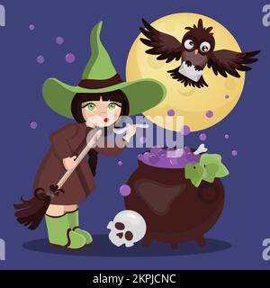 SORCIÈRE POTION Mystic Holiday Halloween Cartoon dessin à la main plat Witch Girl Vector Illustration Set pour l'impression Illustration de Vecteur