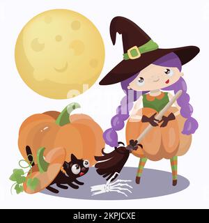 WIZARD HALLOWEEN Mystic Holiday dessin main dessin à plat Witch Girl Vector Illustration ensemble pour l'impression Illustration de Vecteur