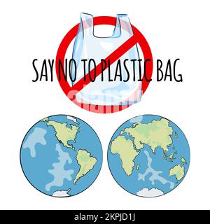 WORLD NO PLASTIC interdiction signe pour le sac en plastique avec deux hémisphères de Planet Earth appel aux gens Cartoon clip Art Vector Illustration Set pour P Illustration de Vecteur