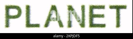 Concept ou herbe verte conceptuelle formant le mot PLANÈTE isolé sur fond blanc. 3d métaphore de l'illustration pour la nature, l'écologie et l'environnement Banque D'Images