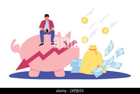Crise financière. Pauvre homme assis sur une tirelire et ouvrant un portefeuille vide. Personnage masculin perdant de l'argent. Déclin économique avec baisse des graphiques concept. Illustration de Vecteur