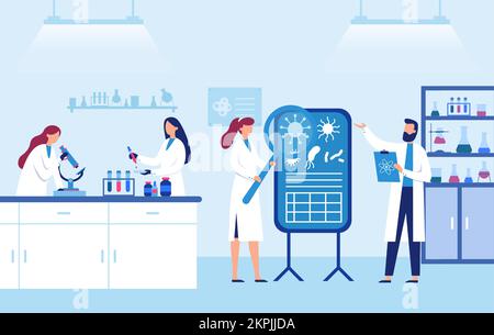 Les scientifiques travaillent en laboratoire. Les travailleurs de laboratoire hommes et femmes en manteaux blancs à la recherche d'éléments de virus avec loupe. Chimistes regardant le microsc Illustration de Vecteur