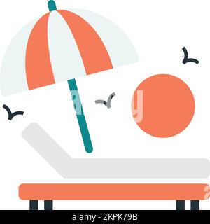 Les lits de plage et les parasols sont illustrés dans un style minimaliste isolé sur fond Illustration de Vecteur