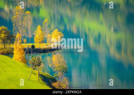 Réflexions d'arbres d'automne dans le lac Lungern, Obwalden, Suisse Banque D'Images