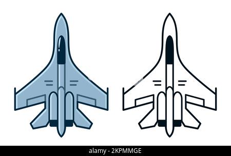 Avion de chasse militaire. Icône de couleur de dessin animé et dessin au trait noir et blanc Illustration de clip art vectoriel simple. Illustration de Vecteur