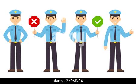 Jeu d'illustrations vectorielles de cartoon policeman. Avec le panneau stop et le symbole OK, en souriant avec les pouces vers le haut. Clip art à motif personnages mignons pour un motif graphique. Illustration de Vecteur