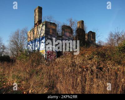 Les ruines couvertes de graffitis des Cliffs, un manoir historique dans East Fairmount Park à Philadelphie, en Pennsylvanie. Banque D'Images