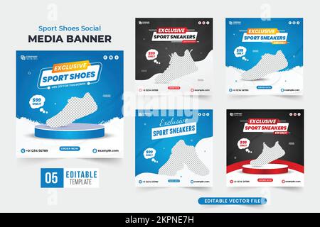 Vente de chaussures de sport sur les réseaux sociaux post-collection avec des couleurs bleues et foncées. Pack de bannières Web promotionnelles pour les affaires de chaussures modernes avec formes abstraites. Snea Illustration de Vecteur