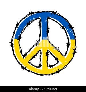 Signe de paix barbwire en forme de drapeau ukrainien bleu et jaune. Illustration vectorielle dessinée à la main dans un style d'esquisse. Priez pour l'Ukraine Illustration de Vecteur