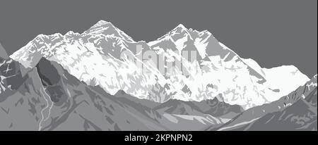 Mont Lhotse et Nuptse face sud de roche et sommet du Mont Everest, illustration de vecteur noir et blanc, vallée de Khumbu, région de l'Everest, mont himalaya Népal Illustration de Vecteur