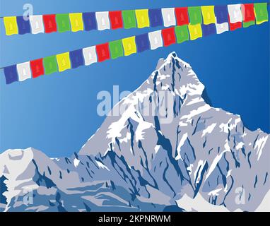 Illustration vectorielle du mont Machapuchare ou Machhapuchhare et drapeaux de prière biddhiist, chaîne Annapurna, montagnes himalaya népalais Illustration de Vecteur