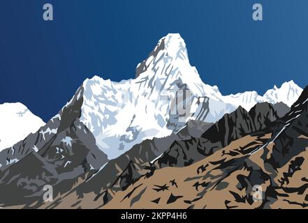 Illustration vectorielle du mont Ama Dablam, montagnes de l'Himalaya, vallée de Khumbu, région de l'Everest, Népal Illustration de Vecteur