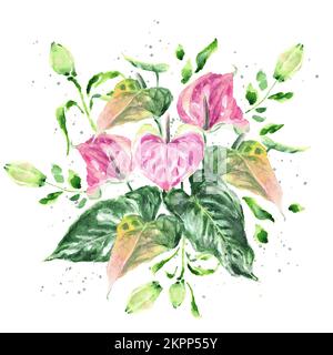 Bouquet de fleurs d'Anthurium (Fleur Flamingo) et bourgeons de nénuphars. Illustration réaliste aquarelle dessinée à la main isolée sur fond blanc. Banque D'Images