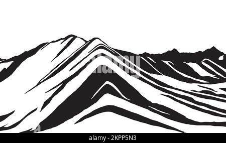 Rainbow mountains ou Vinicunca Montana de Siete Colores logo noir et blanc, région de Cuzco au Pérou, Andes péruviennes, vue panoramique illustration vectorielle Illustration de Vecteur