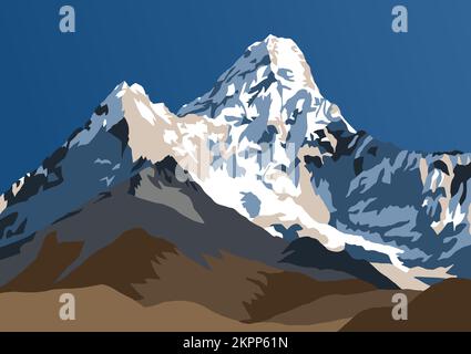 Illustration vectorielle du mont Ama Dablam, montagnes de l'Himalaya, vallée de Khumbu, région de l'Everest, Népal Illustration de Vecteur