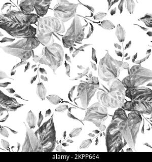 Motif noir et blanc sans couture avec feuilles et fleurs d'Anthurium (Fleur Flamingo). Aquarelle dessin à la main illustration réaliste. Banque D'Images