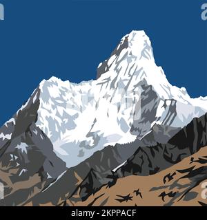 Illustration vectorielle du mont Ama Dablam, montagnes de l'Himalaya, vallée de Khumbu, région de l'Everest, Népal Illustration de Vecteur