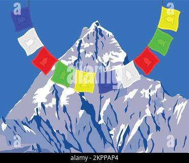 Illustration vectorielle du mont Machapuchare ou Machhapuchhare et drapeaux de prière biddhiist, chaîne Annapurna, montagnes himalaya népalais Illustration de Vecteur