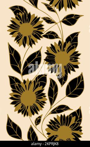 motif sans couture de grands boutons de fleurs noires avec un contour doré sur un fond beige, texture florale brillante, design Banque D'Images