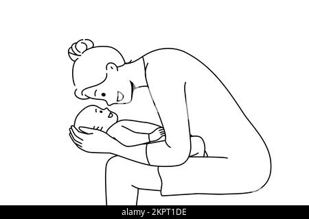 Bonne jeune mère aimante jouant avec bébé nouveau-né. Sourire maman s'est bien prise pour câliner mignon petit bébé. Concept de maternité. Illustration vectorielle. Illustration de Vecteur