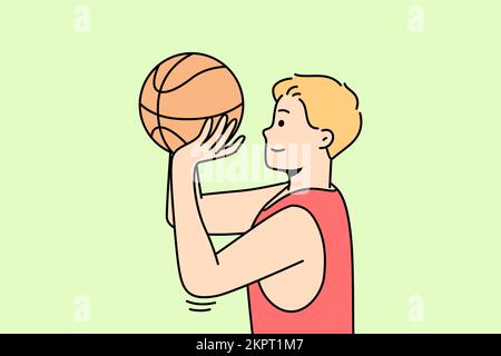 Garçon jette le ballon dans le cerceau ou à travers le filet. Gars jouant au basket-ball ou au volley-ball sur le terrain. Basketball, hoopster, joueur essayant de frapper dans le RIM. Sportsman pratique des exercices. Formation de jeunes hommes. Illustration de Vecteur