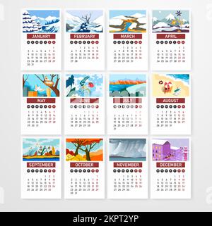 Calendrier avec dates et jours, vecteur de paysages Illustration de Vecteur