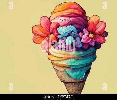 Illustration vectorielle d'une glace colorée décorée de fleurs sur un fond crémeux Illustration de Vecteur