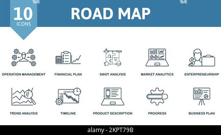 Icône de carte routière définie. Collection d'icônes de carte routière simple monochrome. Gestion des opérations, Plan financier, analyse SWOT, analyse de marché Illustration de Vecteur