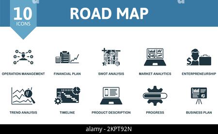 Icône de carte routière définie. Collection d'icônes de carte routière simple monochrome. Gestion des opérations, Plan financier, analyse SWOT, analyse de marché Illustration de Vecteur
