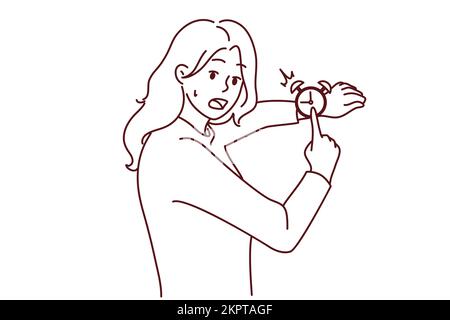Femme stressée point à la montre se sentant angoissée au sujet de la date limite. Fille inquiet frustrée par le temps manqué ou rendez-vous. Illustration vectorielle. Illustration de Vecteur