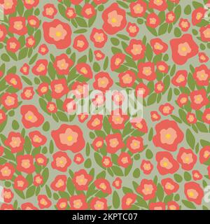 Motif fleuri rouge vif sans couture sur fond vert. Illustration de Vecteur