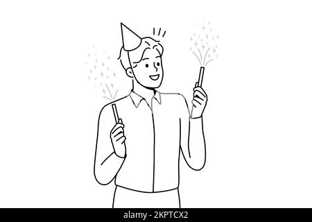 Jeune homme souriant en chapeau d'anniversaire tenant des fêteurs de fête. Les hommes d'affaires heureux ont du plaisir profiter des feux d'artifice à la fête. Illustration vectorielle. Illustration de Vecteur