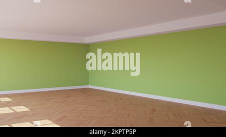 Coin de la salle ensoleillée avec murs vert clair, un plafond blanc et Cornice, parquet brillant à chevrons, et un Plinth blanc. Concept de chambre non meublée. rendu 3D, Ultra HD 8K, 7680 x 4320 Banque D'Images