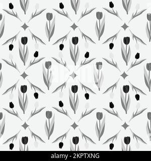 Fleurs tulipes motif floral monochrome sans couture. Illustration vectorielle silhouettes dessinées à la main. Ornements botaniques. SPE 10. Illustration de Vecteur