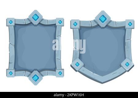Cadre en pierre avec bordure et pierres précieuses, forme de bouclier, panneau de menu médiéval vide de style dessin animé isolé sur fond blanc. Illustration vectorielle Illustration de Vecteur