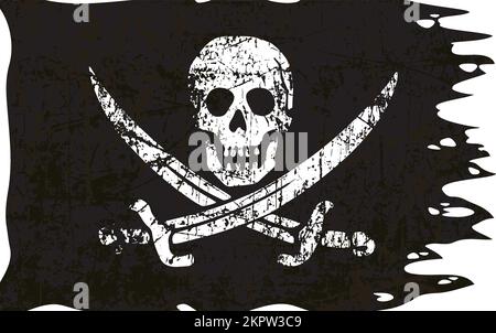 crâne de pirate roger classique et épées croisées drapeau déchiré vieux vecteur noir et blanc vieilli Illustration de Vecteur