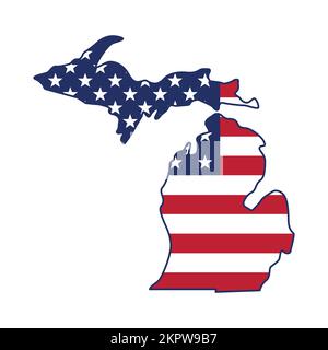 Forme simplifiée de la carte d'état du Michigan avec vecteur drapeau américain isolé sur fond blanc Illustration de Vecteur