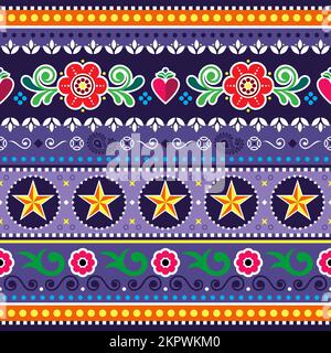 Motif vectoriel de camion de jingle pakistanais et indiens sans coutures avec coeurs, étoiles et fleurs, décoration colorée d'art populaire Diwali Illustration de Vecteur