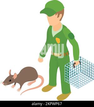 Vecteur isométrique de l'icône de contrôle des rongeurs. Un travailleur sanitaire en cage attrape le rat gris. Lutte antiparasitaire, dératisation Illustration de Vecteur