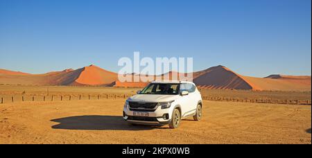 Namib Naukluft, Namibie, 2022. Un véhicule de location blanc garé avec des dunes rouges tentaculaires en arrière-plan. Les touristes peuvent se déplacer en voiture autour du parc et moi Banque D'Images