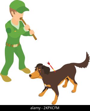 Vecteur isométrique d'icône de vaccination PET. Homme avec une pipe de soufflage avec dart près de l'icône de chien. Vaccination des animaux domestiques Illustration de Vecteur