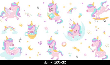 Personnages magiques UNICORN mignons. Autocollants de dessins animés unicorns isolés. Voler et dormir sur un poney de fée arc-en-ciel. Kit de vecteur Nowaday pour bébé animal Illustration de Vecteur