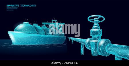 Symbole de transport de gaz liquéfié par navire-citerne. Technologie de raffinerie de pétrole industriel poly faible en trois dimensions. Livraison de carburant essence cargo. Réservoir GPL de l'océan propane Illustration de Vecteur