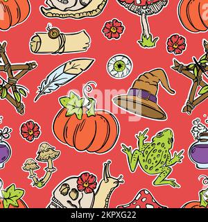 HALLOWEEN GRENOUILLE chapeau de citrouille Cauldron poison escargot et autres éléments de sorcellerie conception plate avec contour dessin main dessin main dessin fluide motif Vector Ill Illustration de Vecteur