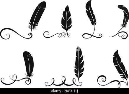 Plumes noires éléments de calligraphie écrits. Tourbillons isolés, lignes en filigrane à plumes. Motif graphique vectoriel, queues de lettres vintage Illustration de Vecteur