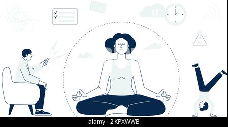 La femme garde le calme avec le processus de méditation. Problèmes familiaux, parenté du mari et enfant désobéissant. Concept de vecteur relax pour femme d'affaires Illustration de Vecteur