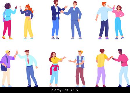 Message d'accueil informel. Des amis heureux donnant des cinq hauts, de manière positive de la communication des gens salut hey poing gestes confiance de la réunion d'affaires de collègue, illustration de vecteur de succès heureux amitié Illustration de Vecteur